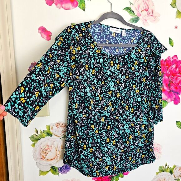 Susan Graver Comfort Stretch Knit Ruffle Ditsy Floral Print Pullover Top Blouse - Picture 2 of 6